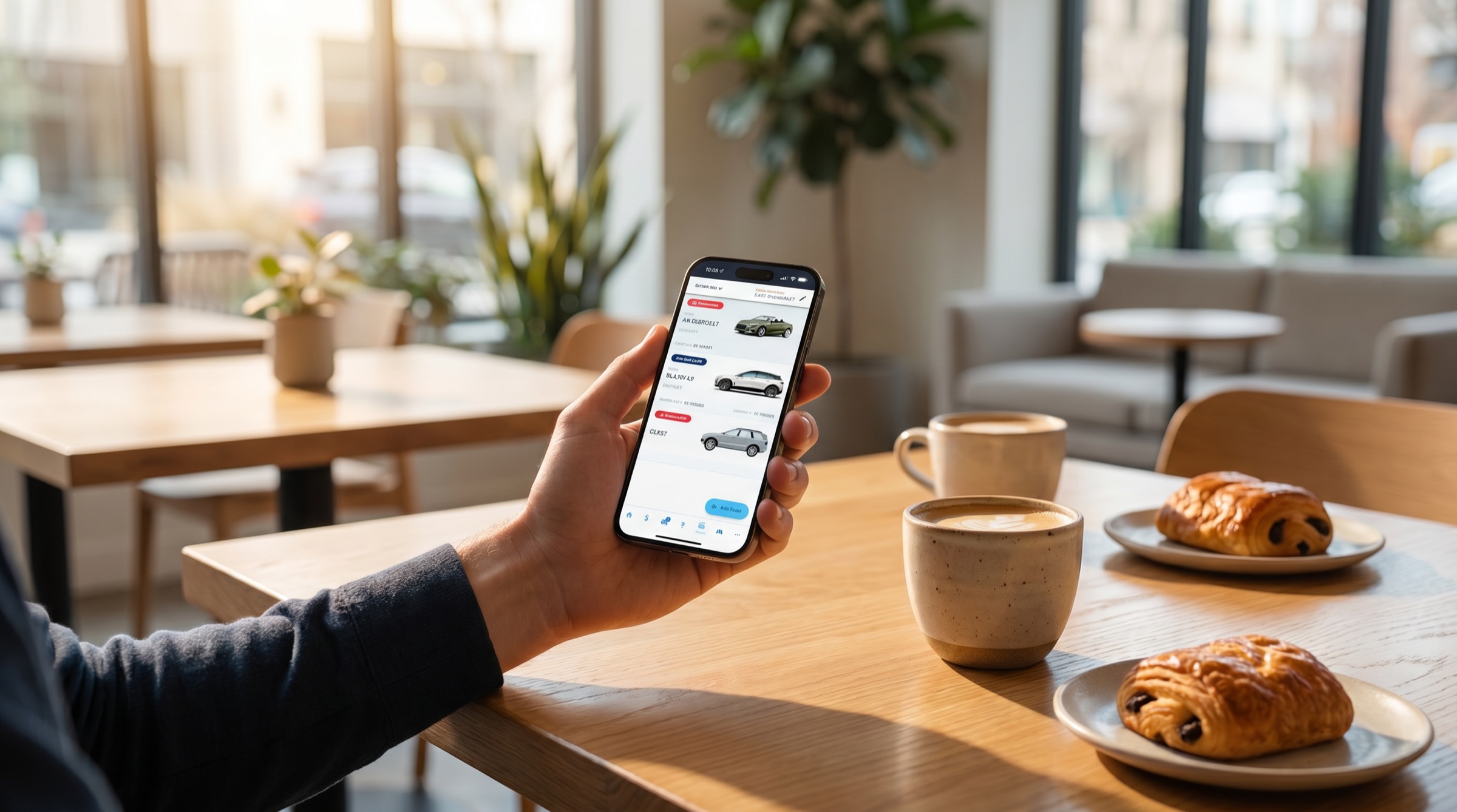 A wash member reviewing their vehicles in the AMP app over coffee